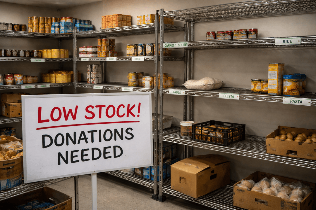 Storage facility showing low stock donations needed