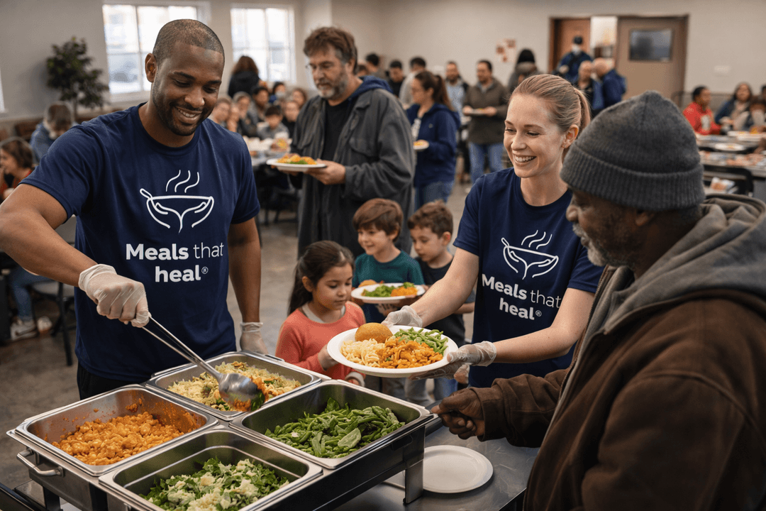 Community members serving food to families